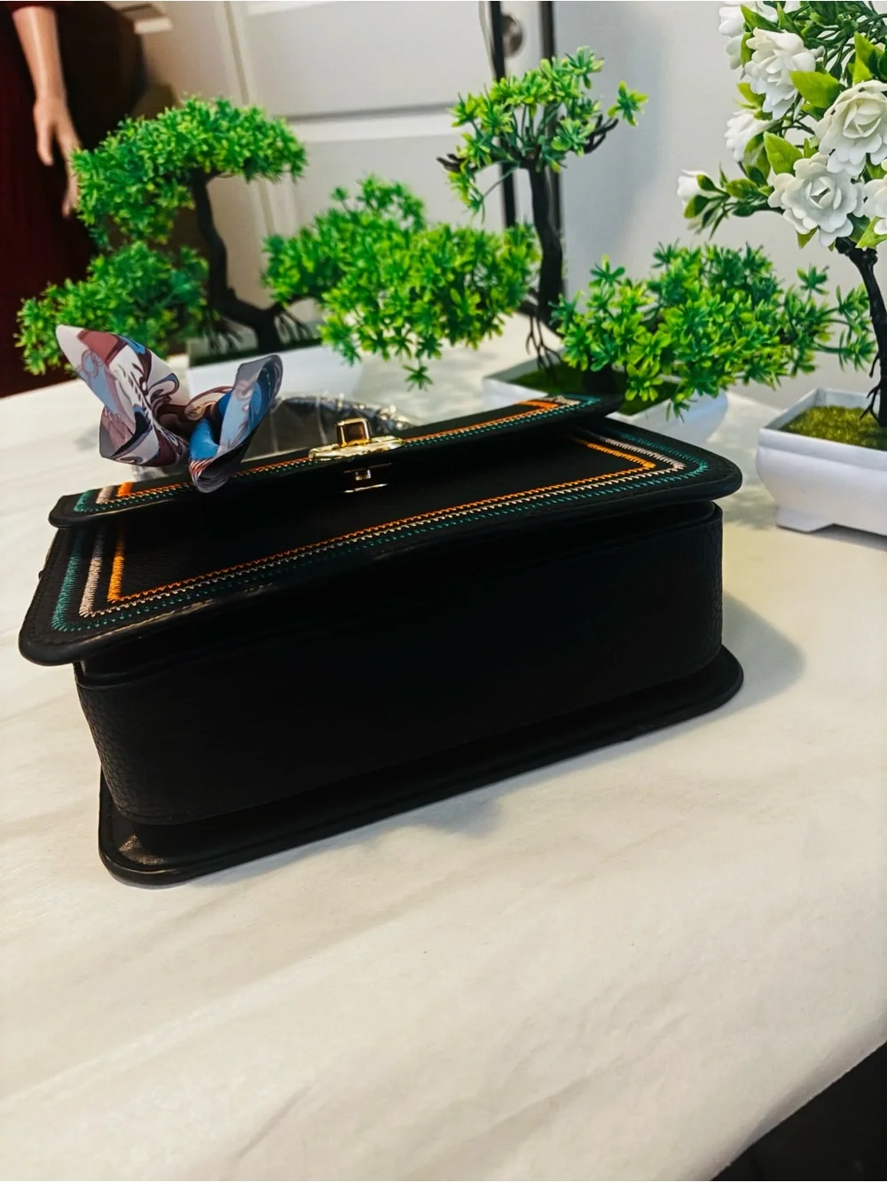 Source Unknown Black Satchel with Multicolor Stitching and Scarf Accent